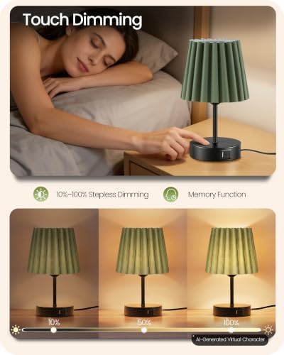Small Bedside Table Lamps Set of 2, Touch Dimmable Table Lamps with USB Ports, Nightstand Lamps with 2 Stepless Dimming LED Bulbs, E26 Base, for Bedroom, Study, Black and Green J16TLP205