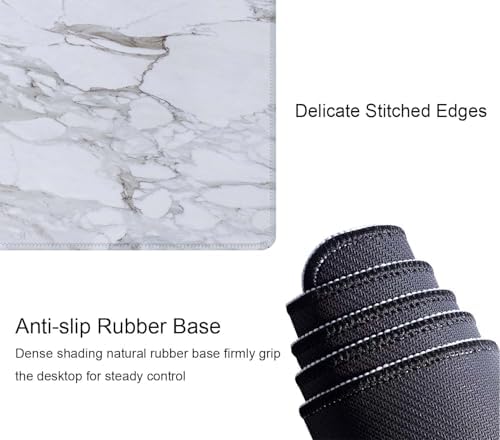 White Grey Marble Print Large Gaming Mouse Pad Keyboard Desk Pad Extended Mouse Pad Gaming Office Decor, PC Laptop Mouse Pads Large (31.5x11.8 in) with Stitched Edges Non-Slip Base Mousepad XL