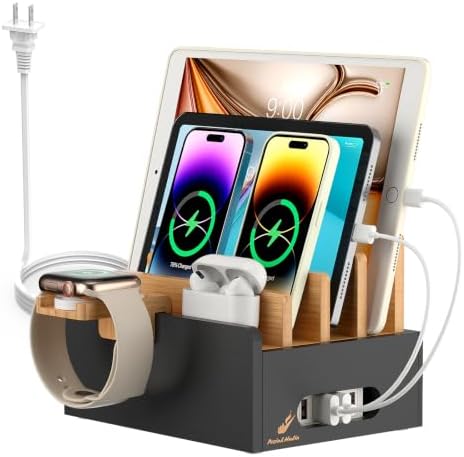 Pezin & Hulin Bamboo Charging Station with USB Charger&Cables-Natural+Black