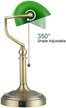 Green Glass Bankers Desk Lamp with USB Fast Charging Port