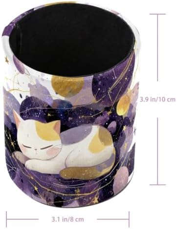 Leather Pen Holder for Desk, Space Cat Pencil Cup Pen Organizer Makeup Brush Holder for Office Home Kids Countertop Desk Accessory Storage