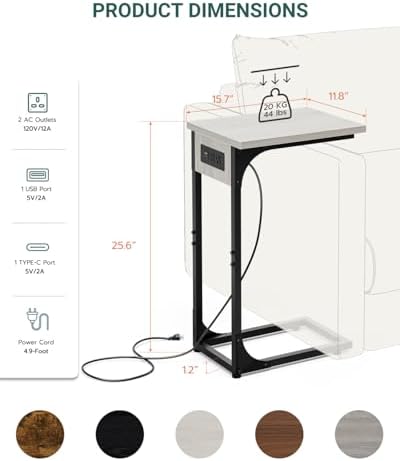 C-Shaped Side Table for Couch - Small Coffee Stand Sofa Tray Desk with Metal Frame Waterproof Scratch Resistant Wood Top and Built-in Charging Station, Greige