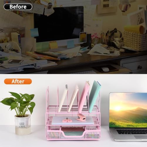 Desk Organizers and Accessories, 2-Tier Desk Organizer with Drawer, Pink