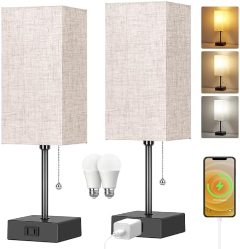 Table Lamp for Bedroom set of 2,3-Color Bedside Lamps with Pull Chain