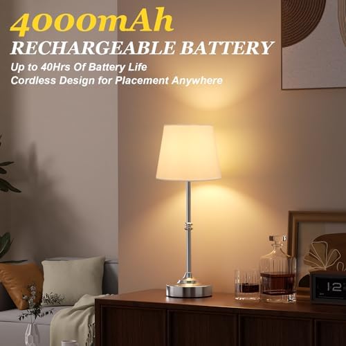 Kakanuo Rechargeable Cordless Table Lamp Silver - 2 Pack 4000mAh Battery Operated Lamp, 3000K Warm Light, Touch Control Stepless Dimming, for Bedside, Dining Table, Home Decor