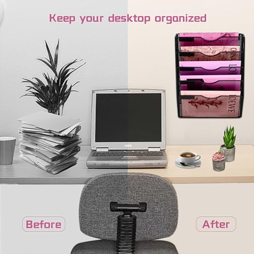 5 Pockets Mesh Wall File Holder Organizer Office Hanging File Folder Magazine Rack, Nametag Label Hooks Set Included (Black)