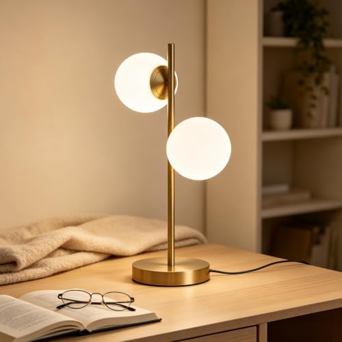 Mid Century Modern Table Lamp, Gold Globe Nightstand Light with 2 LED Bulbs Included, Contemporary Bedside Lamp for Bedroom Living Room Study Decor
