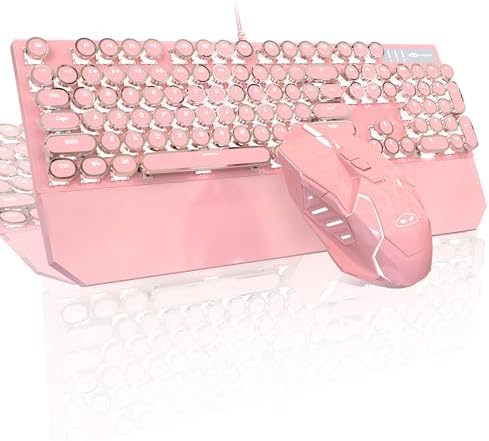 Typewriter Mechanical Gaming Keyboard and Mouse Combo, Retro Punk Round Keycaps RGB Rainbow Backlit Wired Keyboard for Game and Office, for Windows Laptop PC, Red Switches(Pink)