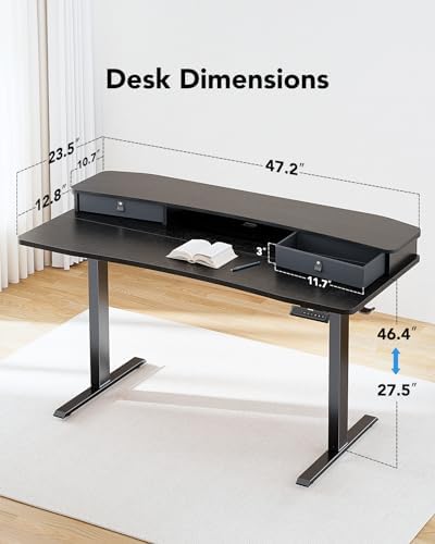 HUANUO 48″ x 24″ Electric Standing Desk with 2 Drawers, C-Clamp Mount Compatible, Height Adjustable Computer Desk, Home Office Stand Up Desk with 4 Preset Heights & 2 Hooks, Black