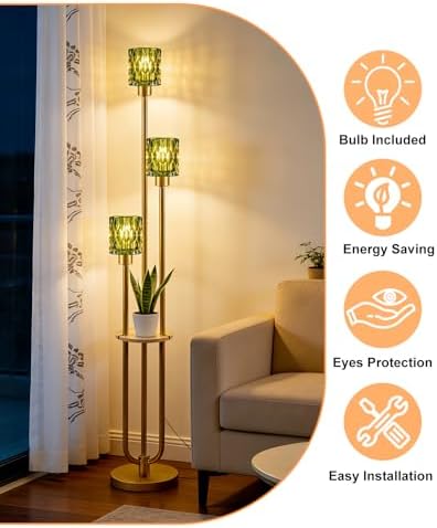62IN Gold Floor Lamp with Green Glass Shade 3-Lights Mid-Century Modern Farmhouse Floor Lamps with 3000K Warm White Bulbs, Tall Standing Lamp 5Lbs Heavy Base for Living Room/Bedroom/Corner