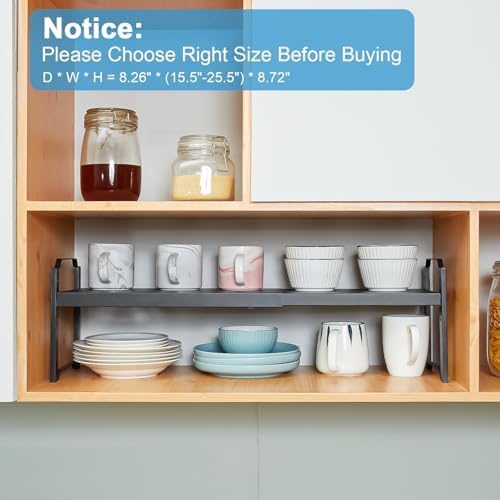 X-cosrack 25.5 Inches 3 Pack Expandable Cabinet Shelves, Stackable Shelf Organizer for Kitchen Cabinet Countertop Storage, Adjustable Counter Cupboard Pantry Organizer Shelf Rack Stand Riser, Black