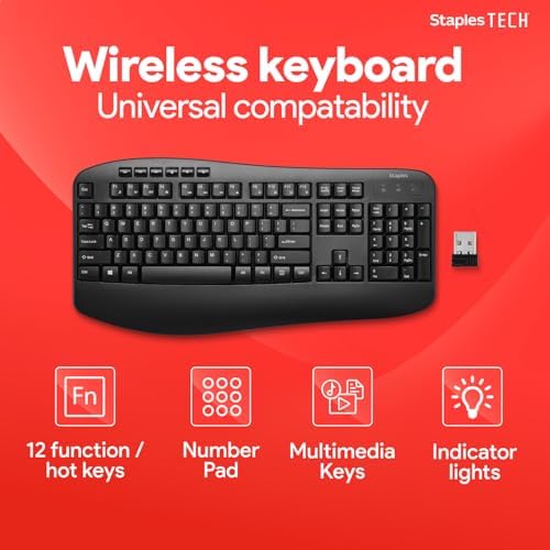 Staples TECH Wireless Comfort Keyboard, Quiet Typing, USB, Black
