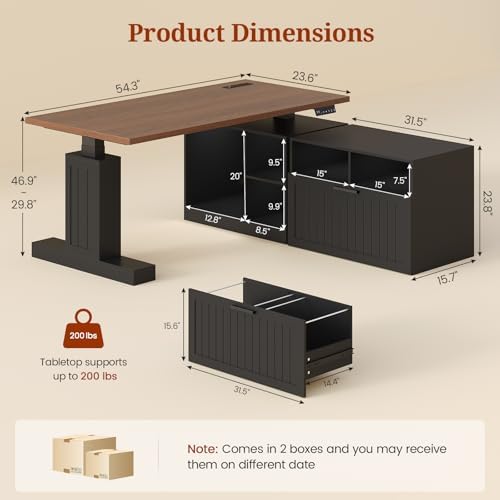 UPOSOJA 55" Farmhouse L Shaped Standing Desk with Modular Filing Cabinet