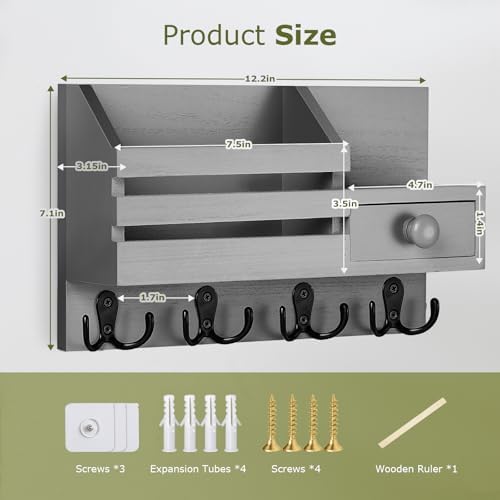 Key Holder Wall Mount, Wooden Key and Mail Organizer, Gray
