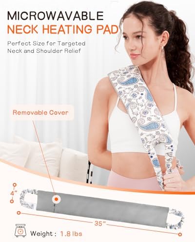 Heating Pad for Neck and Back, Extra Long Microwavable Weighted Moist Heat Pack, Reusable Neck and Back Wrap for Sore Muscles & Stress Relief