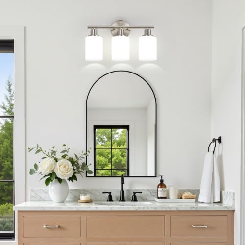 Zarbitta 3-Light Bathroom Light Fixtures, Brushed Nickel Vanity Light, Farmhouse Wall Lights with Milky White Frosted Glass Shades, Bathroom Wall Lamp for Mirror Kitchen Bedroom Hallway Living Room