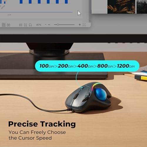 Wired Ergonomic Trackball Mouse, 34mm Thumb Control, RGB Lighting
