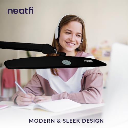 Neatfi Elite HD XL Task Lamp | 22-Inch Wide | 2,260 Lumens | 3 Color Temperature Modes | Non-Polar Dimming Desk Lamp (Black-2, CCT with Clamp)