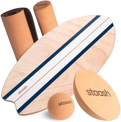 STAASH® Balance Board Full Kit – Premium Birch Wood Trainer with Cork Roller, Balance Disc, Massage Ball & Anti-Slip Mat – Core Strength, Surf, Snowboard & Rehab Training – All-In-One Set