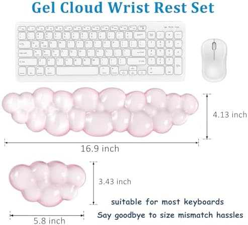 Gel Cloud Wrist Rest Set, Clear Gel Cloud Keyboard Wrist Rest with Non-Slip Base, Ergonomic Wrist Support for Typing Pain Relief, Cute Wrist Pad for Office, Gaming, Computer, Laptop - Pink