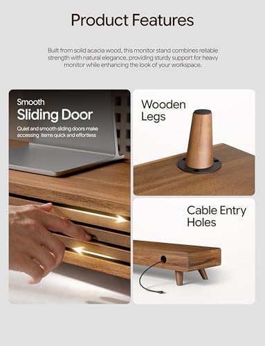 Tinamo 24" Wood Monitor Stand Riser with Sliding Door and Cable Management