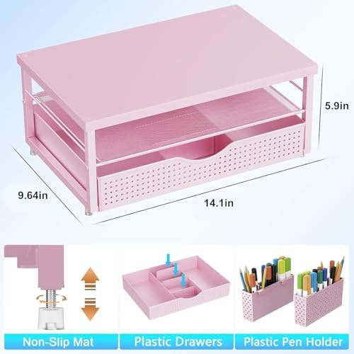 gianotter Monitor Stand with Drawer and 2 Pen Holders (Matte Pink)