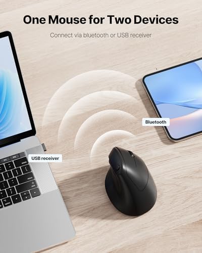Ergonomic Mouse, USB+Bluetooth Dual Connection, Wireless Vertical Mouse for Reducing Wrist Pain, 1000/1600/2400 DPI, Ergo Mouse with Quiet Click for Windows Mac OS PC Computer Laptop, Black
