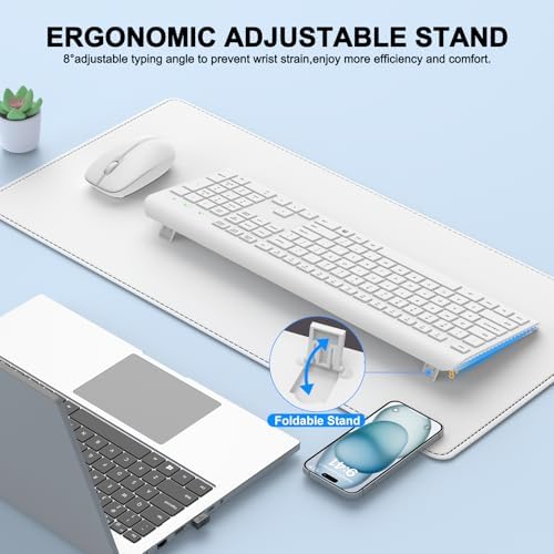 Wireless Keyboard and Mouse Combo, Full Size Silent Ergonomic Keyboard and Mouse, Long Battery Life, Optical Mouse, 2.4G Lag-Free Cordless Mice Keyboard for Computer, Mac, Laptop, PC, Windows(White)