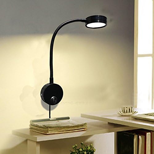5W Wall Mounted Reading Light Flexible Gooseneck LED Sconce Lamp with Plug & Switch for Bedroom, Office, Workbench, Studio (03 Black Warm White)