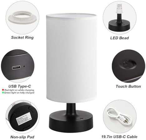 Kakanuo Cordless Table Lamp Rechargeable Small - 2 Pack White Black, 4000mAh Battery Operated Lamp with Touch Control Stepless Dimming, Wireless Lamp for Bedside, Nightstand, Bedroom, Living Room