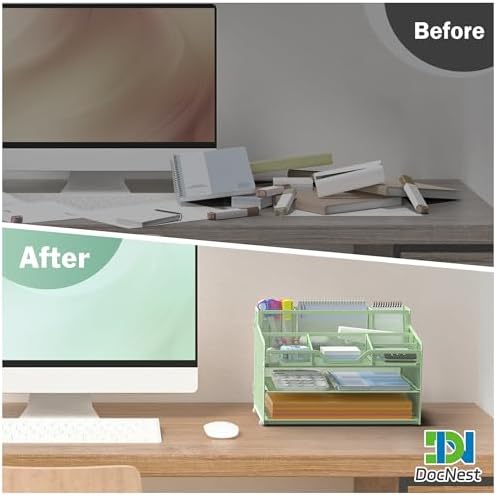 Docnest 3 Tier Mesh Desk Organizer with Letter Tray & Paper Sorter, Green