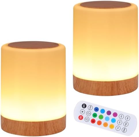 OORUN Touch Bedside Table Lamp,13 RGB Colors & 5 Brightness, USB Rechargeable Desk Lamp, Remote Control Dimmable Light with RGB Color Changing,Portable Lamp for Baby (2 Pack Brown)