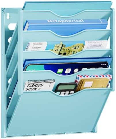 Marbrasse 5 Tier Wall File Organizer, Plastic Hanging File Holder for Mail, Magazines Paper Organizer Wall Mounted for Office Home (Blue)