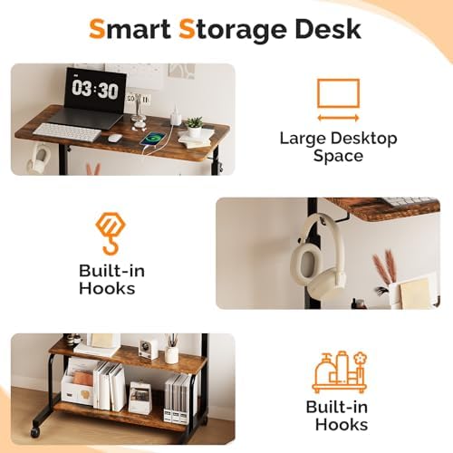 FCH 31.5" Mobile Small Standing Desk, Adjustable Height Mobile Computer Desk, w/2 AC Outlets + 3 USB Ports & Hooks, Storage Shelves, Suitable for Gaming, Studying, Home Office, Vintage Brown