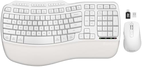 White Ergonomic Wireless Keyboard and Mouse Combo, 2.4G Full Size Ergo Wave Key Board with Cushioned Plam Rest, Natural Typing, 3 DPI Adjustable Silent Mouse for Computer/Laptop/Windows/Mac - Sablute