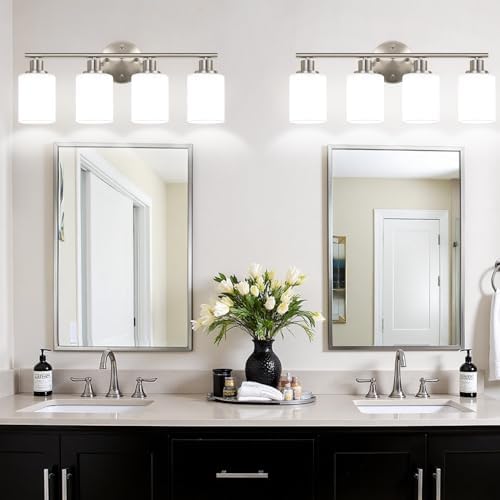 Zarbitta 4-Light Bathroom Light Fixtures, Brushed Nickel Modern Vanity Lights with Milky White Frosted Glass Shades, Bathroom Wall Lamp for Mirror Kitchen Living Room