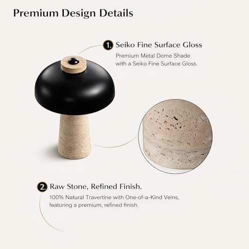 12" Natural Travertine Table Lamp with Black Metal Shade, Decorative Stone Bedside Lamp for Nightstand, Mid-Century Modern Minimalist Stone Desk Light for Small Spaces