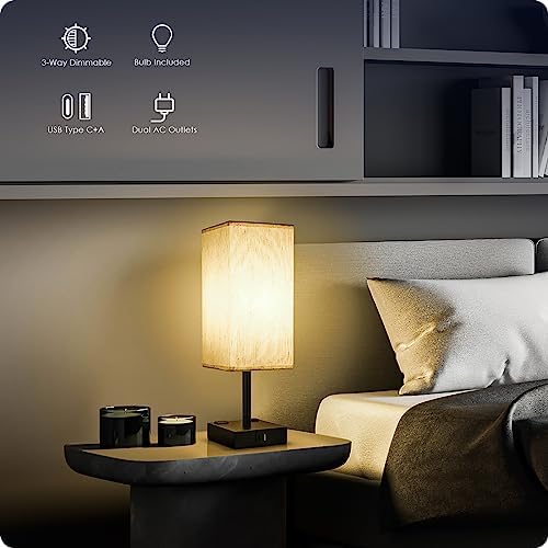 Bedside Table Lamps Set of 2 - Touch Nightstand Lamp for Bedroom with USB C+A Charging Ports & AC Outlets, 3-Way Dimmable Desk Lamp Flaxen Fabric Shade for Living Room Office(Bulb Included)