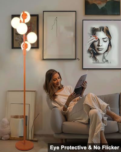 64IN Dimmable Orange Floor Lamp, Tall Standing Lamps with 5 Globe Soft Warm White Eye Care 3000K G9 Bulbs, Mid Century Modern Floor Lamp with 5Lbs Heavy Base for Living Room Bedroom Office