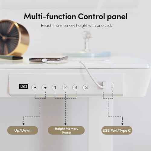 FEZIBO 55 Inch One-Piece Standing Desk with Glass Top and Drawer, White