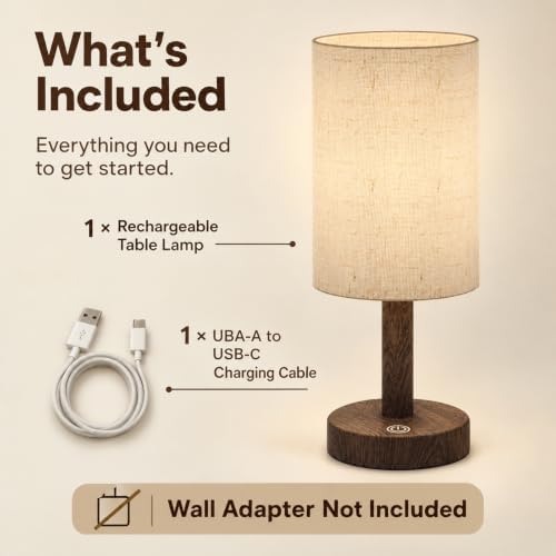 Small Rechargeable Cordless Table Lamp, Nightstand to Desk, Dark Walnut