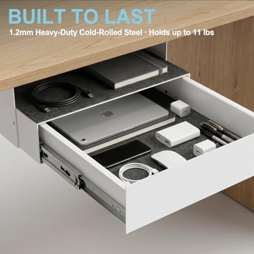 Under Desk Drawer Slide Out, Lockable Steel Drawer,13.8",White