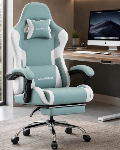 Dowinx Ergonomic Gaming Chair with Footrest & Massage Lumbar, 2D-Linkage Armrests for Computer Chair 330lbs with Headrest Pillow for Office, Home, Streaming and Long Gaming Sessions, Fabric Blue White