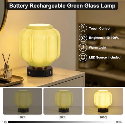 Rechargeable Table Lamp, Cordless Green Glass Bedside Lamp Small