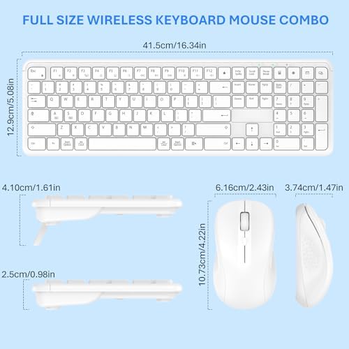 Wireless Keyboard and Mouse Combo, Full-Size Silent Ergonomic Keyboard and Mouse, Sleep Mode, Long Battery Life, 2.4G Lag-Free Cordless Mice Keyboard Set for Computer, Laptop, PC, Mac, Windows (White)