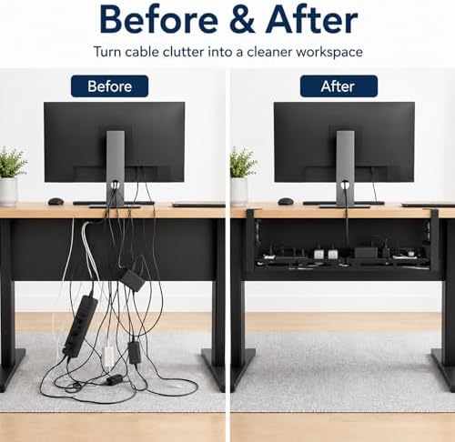 No Drill Under Desk Cable Management Tray, Adjustable 17.6"-27.4" Clamp-On Metal Cable Tray for Power Strip, Under Desk Cord Organizer and Wire Management Holder for Standing Desk, Gaming Desk, Office