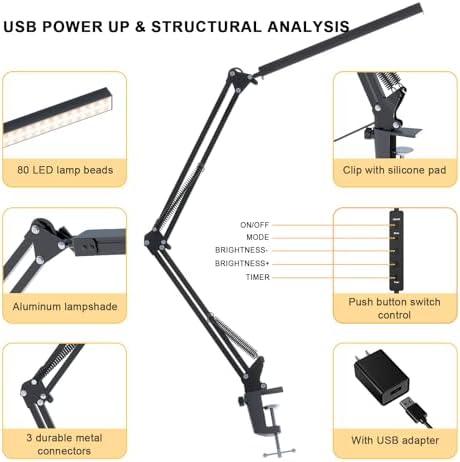 TROPICALTREE LED Desk Lamp for Home Office and Round Base, Clamp-On with 5 Light Modes & Auto Shut Off | 14W Adjustable Brightness 5000K Eye-Caring Lighting for Study/Bedroom/Computer Desk