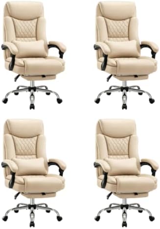 Ergonomic Office Chair Executive PU Leather High Back Office Chair, 400lbs Heavy Duty Reclining Desk Chair with Footrest, Adjustable Lumbar Support, Padded Armrests,Khaki,4 Pack