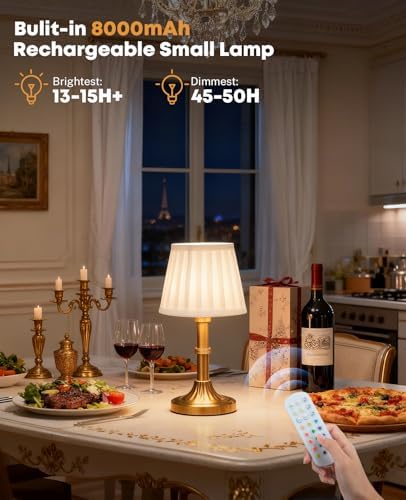 Cordless Table Lamp, 8000mAh Small Table Lamp with Remote Control, Rechargeable Battery Powered Light with Fabric Shade, 3CCT&12RGB Dimmable for Bedside, Living Room, Dining Room, Bar