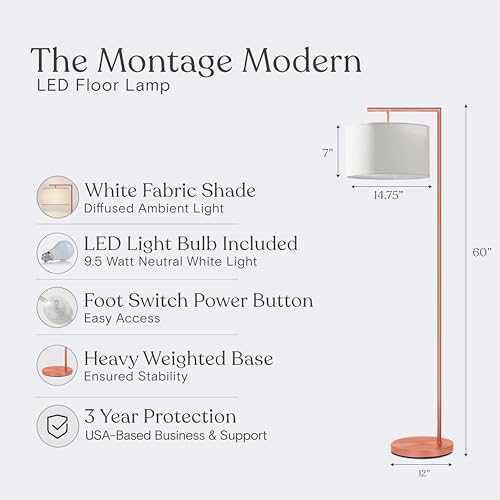 Brightech Montage Modern Floor Lamp, LED Floor Lamp for Living Rooms & Offices - Tall Standing Lamp for Bedroom Reading - Corner Pole Lamp for Contemporary Home Decor - Rose Gold